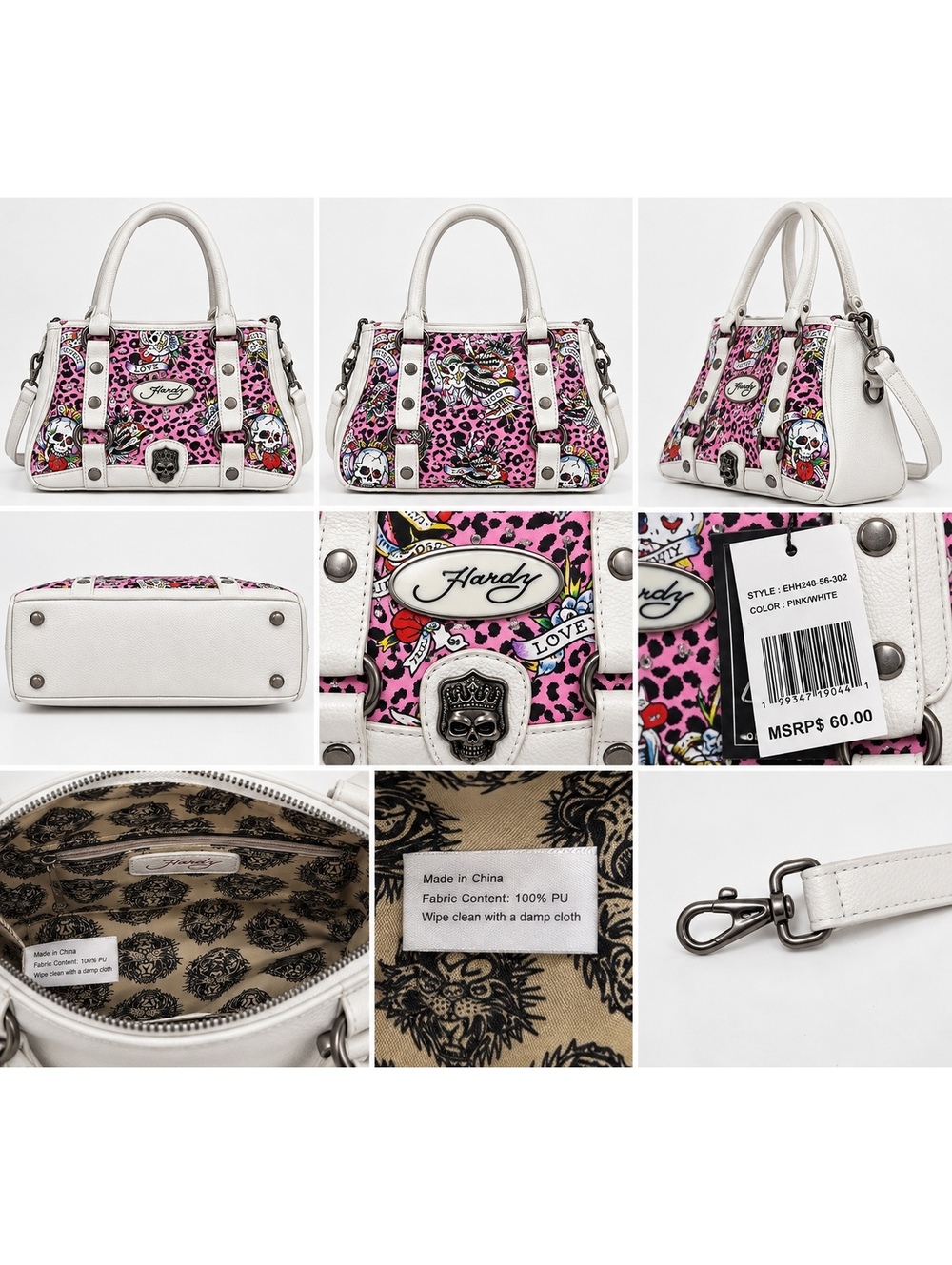 Ed Hardy Pink Leopard Tattoo Skull Satchel Crossbody Bag NWT Y2K Punk